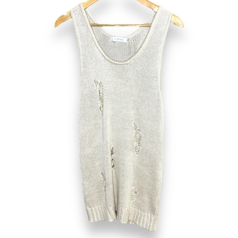 MINKPINK Beige Distressed Knitted Racer Back Long Tank Top - Medium